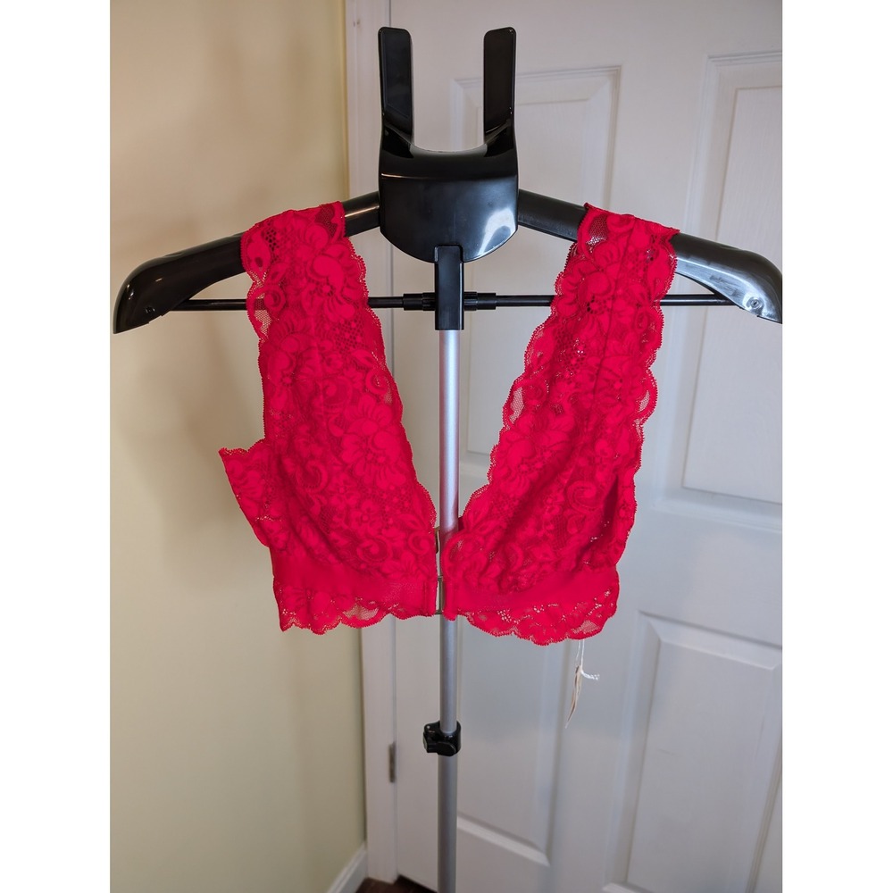 FP x HAH Got Your Back Lace Bralette Red Front Clasp Floral V-Neck NWT - Size S